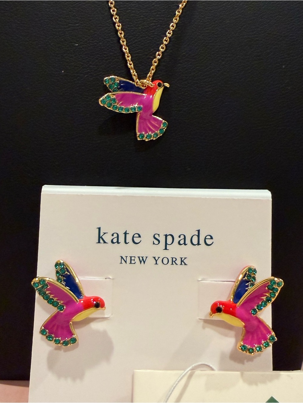 kate spade |♠️| Gold Plated & Crystal Pink Hummingbird Necklace & Earring Set